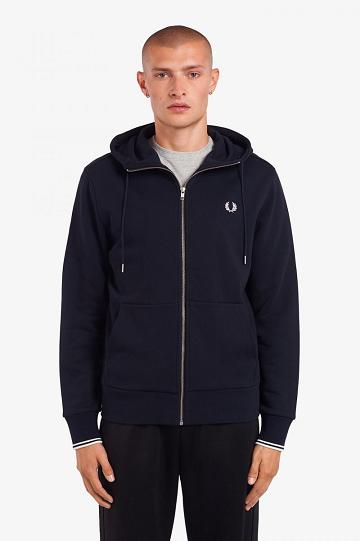 Navy Fred Perry Hooded Zip Through Men's Sweatshirts | PH 1589DFMN